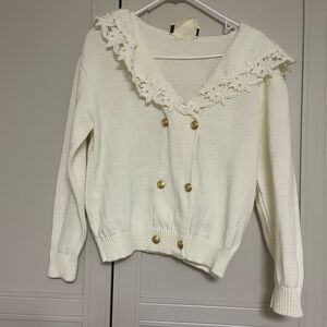Lace Collar Double-Breasted Cream Women's Sweater